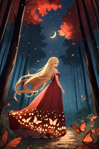 HIGH QUALITY
red monarch butterfly wings
long blond hair

Golden dress
barefoot

forest at night