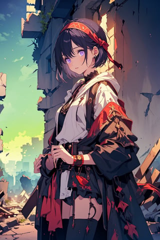 (((masterpiece))),best quality, illustration,beautiful detailed glow,
a beautiful girl, delicate eyes, purple eyes, black hair, short hair, red headband, fitted robe, in the ruins of the city,blad4