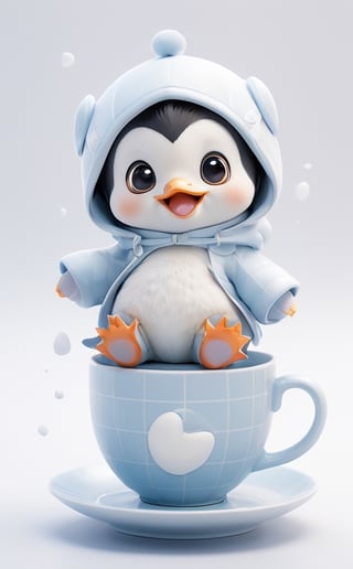 
A little penguin, wearing a baby diaper, sits in a teacup, with his little butt sunk in the teacup, exposing his two little feet, laughing.

The background is completely white.

The penguin is in the center of the nine-square grid of the whole picture, and other places are left pure white.
,chibi