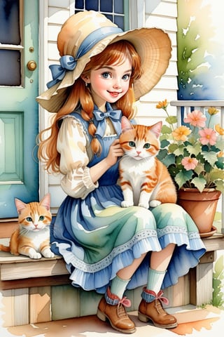 Holly Hobby's illustration, depicting a  girl in large bonnet, sitting and petting her  cat, against porch bg, watercolor, whimsical cheerful playful vibe, rustic charm and sense of nostalga, ultra detailed, thin lines, detailed