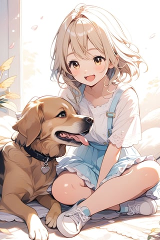 chica sujetando a su perro mientras sonrie
 ,cute,anime