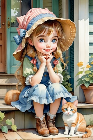 Holly Hobby's illustration, depicting a  girl in large bonnet, Sitting cross-legged on the ground, resting her face on her hands, looking at her cat and looking into the cat's eyes, against porch bg, watercolor, whimsical cheerful playful vibe, rustic charm and sense of nostalga, ultra detailed, thin lines, detailed