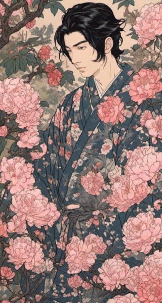 A beautiful young Japanese man, walking through a beautiful peony garden, very black hair, tall, many details, from medieval times. A traditional Japanese art