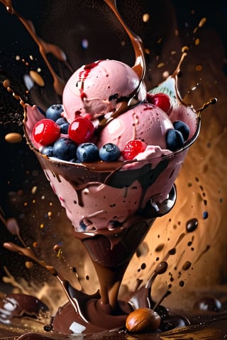 a macroscopic photograph of strawberry ice cream with cherry cream, ice cubes, maraschino cherries, blueberries, lychees , hundreds and thousands, dark chocolate sauce, nuts, mint leaves, splashing dark chocolate sauce, in a gradient honey  coloured background, fluid motion, dynamic movement, cinematic lighting, palette knife, digital artwork by Beksinski,action shot,sweetscape, 3D, oversized fruit, caramel theme, art by Klimt, airbrush art, food photography, food explosion, 