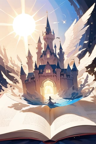 Paper art,open book revealing castle,sun ,lens flare,masterpiece, best quality, aesthetic