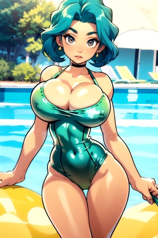 Masterpiece, Best Quality, perfect breasts, perfect face, perfect composition, UHD, 4k, ((1girl)), Marge Simpson, (((green swimsuit))), at the pool, busty woman, great legs, (((blue hair))), beehive hair style, ((natural breasts)), (((brown eyes))),marge simpson, ((yellow skin)), huge breasts,