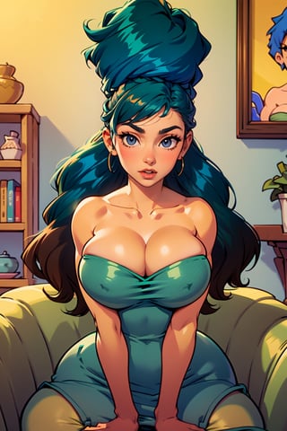 Masterpiece, Best Quality, perfect breasts, perfect face, perfect composition, UHD, 4k, ((1girl)), Marge Simpson, (((strapless green dress))), in a livingroom, busty woman, great legs, (((blue hair))), beehive hair style, ((natural breasts)), (((brown eyes))),marge simpson, ((yellow skin)), large breasts,