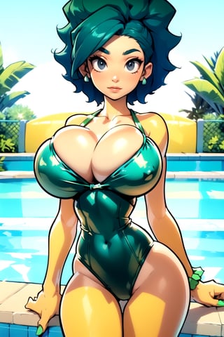 Masterpiece, Best Quality, perfect breasts, perfect face, perfect composition, UHD, 4k, ((1girl)), Marge Simpson, (((green swimsuit))), at the pool, busty woman, great legs, (((blue hair))), beehive hair style, ((natural breasts)), (((brown eyes))),marge simpson, ((yellow skin)), huge breasts,