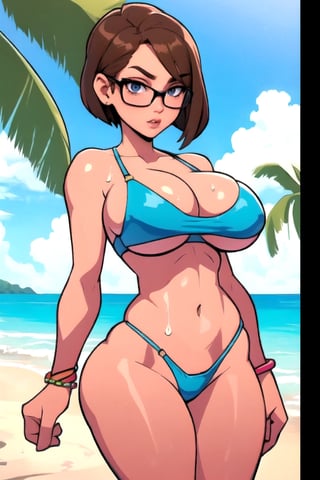 Masterpiece, Best Quality, orange swimsuit, at the beach. cleavage , brown hair, long bob hair cut, wet hair, ((thick rimmed square glasses)), ((large breasts)), perfect breasts, perfect face, perfect composition, ultra-detail, sultry expression, slim hourglass figure ,thepit, (cowboy shot),MADGIO,mssstyle