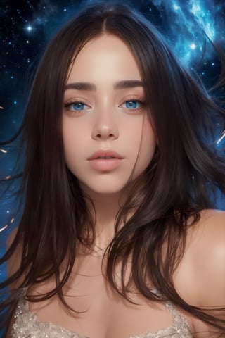 Solo. Woman, upper-body,  portrait_detailed, 

{{best quality}}, {{masterpiece}}, {{ultra-detailed}}, {illustration}, {detailed light}, {an extremely delicate and beautiful}, {beautiful detailed eyes}, stars in the eyes, messy floating hair, Starry sky adorns hair, 
,VVSS