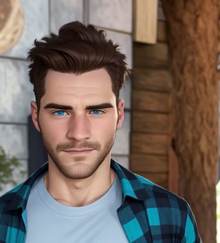 One male, trees, lake, fit body type, Handsome face, rugged, eyes with brightness, eyebrows same as hair, dark blue eyes, dark night sky, large moon in sky, dark brown hair, Sean Durrie, Dylan Faden, shaved sides of head, Mohawk hair, green shirt, black undershirt, hairy arms 