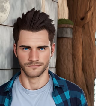 One male, trees, lake, fit body type, Handsome face, rugged, eyes with brightness, eyebrows same as hair, dark blue eyes, dark night sky, large moon in sky, dark brown hair, Sean Durrie, Dylan Faden, shaved sides of head, Mohawk hair, green shirt, black undershirt, hairy arms, youthful