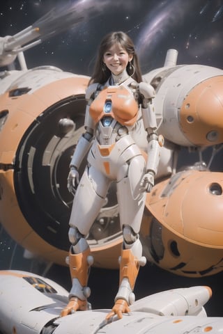 a space woman. white a orange space suite. face of woman is happy. ,Mecha body