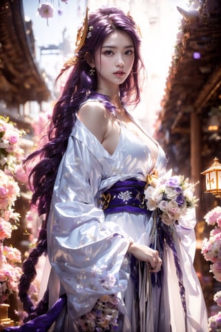 (Masterpiece, highest quality, ultra-detailed, 16K, high contrast, HDR, vibrant color, RAW photo, (photorealistic:1.2), beautiful and aesthetic), cinematic lighting, medium breasts, tall and slim body, (((Raiden Shogun, raidenshogundef, long purple hair, bride))), glowing hair, looking at the viewer, elegant, glowing, magical, floating lanterns, Japanese ancient streets, temple, wide shot