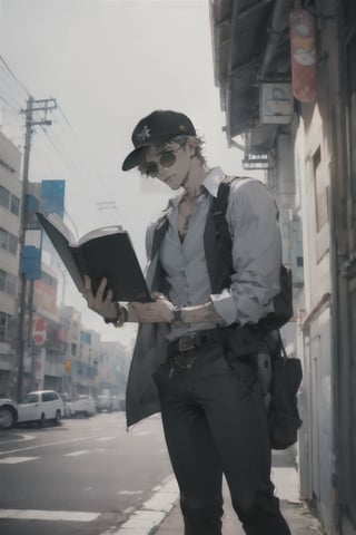 1man, cool face, muscles+,jawline, confident++,masculine face, midjourney, masterpiece ,

bold, jilet, hat, sunglasses, reading journal , sigar+, cuban sigar++,
