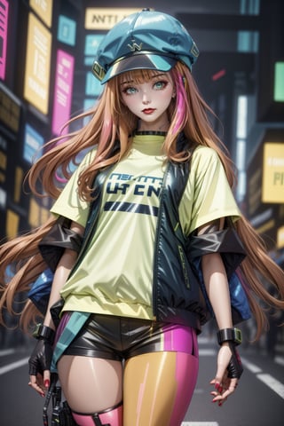 cyber punk style,Beautiful woman wearing a hat,cowboys,long hair、Yellow cyberpunk-style shorts, Red pantyhose , The miniskirt is blue, green eyes, red lips, brown boots, long wavey hair,scandal rina