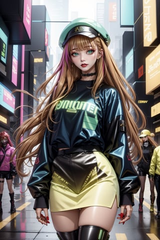 cyber punk style,Beautiful woman wearing a hat,cowboys,long hair、Yellow cyberpunk-style shorts, Red pantyhose , The miniskirt is blue, green eyes, red lips, brown boots, long wavey hair,scandal rina