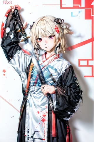 muelsyse (arknights),1girl, solo,hanfu,chinese clothes,splatter background, holding sword, best quality, amazing quality, very aesthetic, absurdres