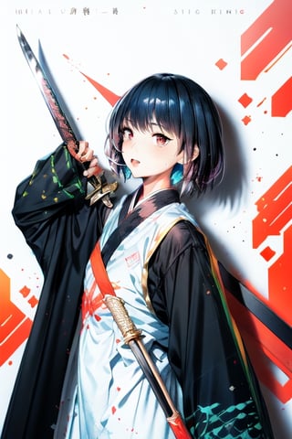 muelsyse (arknights),1girl, solo,hanfu,chinese clothes,splatter background, holding sword, best quality, amazing quality, very aesthetic, absurdres,huowu,portrait