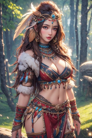 busty and sexy girl, 8k, masterpiece, ultra-realistic, best quality, high resolution, high definition, Tribal girl, feather headdress, GEMS