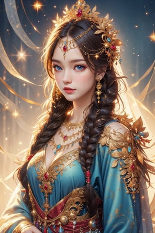 busty and sexy girl, 8k, masterpiece, ultra-realistic, best quality, high resolution, high definition, masterpiece, 1girl, solo, long hair, looking at viewer, blush, blue eyes, brown hair, black hair, long sleeves, dress, jewelry, closed mouth, upper body, braid, earrings, necklace, lips, eyelashes, single braid, gem, veil, hair over shoulder, freckles, realistic, traditional clothes, multiple braids, head chain