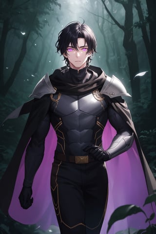 1man, young man,  25 years old,  short black hair,wavy hair,  glowing violet eyes, pale skin,  walking in a magical forest,  magical forest background,  day,  day light, wearing a hunter armor,black feather cape,  training,  challenger face,  fitness body,  piece teacher,  perfect face,  high quality,  American shot,  perfect face,  perfect hands,  muscular sensual body,  aesthetic and sensual body, Detailedface,1boy