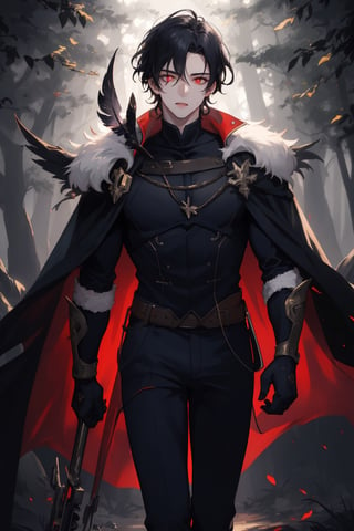 1man, young man,  25 years old,  short black hair,wavy hair,  glowing  red eyes, pale skin,  walking in a magical forest,  magical forest background,  day,  day light, wearing a hunter armor,black feathers cape,  training,  challenger face,  fitness body,  piece teacher,  perfect face,  high quality,  American shot,  perfect face,  perfect hands,  muscular sensual body,  aesthetic and sensual body, Detailedface,1boy,wrenchftmfshn