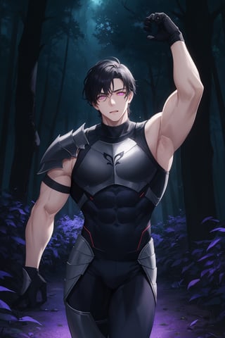 1man, young man,  25 years old,  short black hair,wavy hair,  glowing violet eyes, pale skin,  walking in a magical forest,  magical forest background,  day,  day light, wearing a heavy armor,  training,  challenger face,  fitness body,  piece teacher,  perfect face,  high quality,  American shot,  perfect face,  perfect hands,  muscular sensual body,  aesthetic and sensual body, Detailedface,1boy