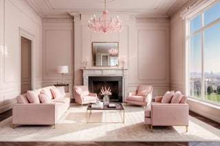 living room HomeAdvisor,neoclassical style, soft light,mild and undramatic pink colors,A plain palate emphasized the stoic, superior sense of form that the Neoclassical embodied,fireplace, lamps, window with beautiful view,8k,real photo,Masterpiece