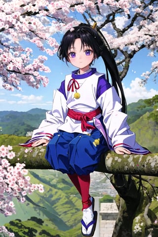 outdoors, tree, cherry blossoms, scenery,8k,soft light, 1boy, 10 year-old ,solo, long hair, black hair,looking at viewer, smile, white long sleeves, (realistic skin),  (light smile:1.1),(sit on tree), very long hair, closed mouth, purple eyes, full body, ponytail, weapon, male focus, japanese clothes, pants, sword, wide sleeves, red ribbon, sandals, katana, sheath, ribbon trim, ribbon-trimmed sleeves, sheathed, tabi,Realism, photorealistic,  cinematic lighting effects, realism, super realistic