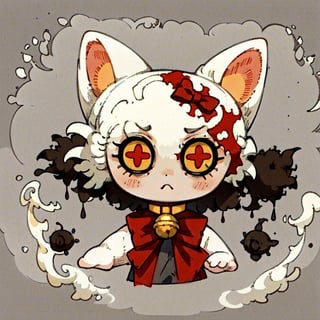 solo,5 red eyes, bow, animal ears, teeth, cat ears, bowtie, grey background, no humans, bell, cat, white bow, jingle bell, neck bell, white bowtie, horror 