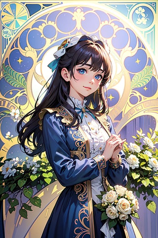 masterpiece, best quality, 8K , Extreme Detailed background, Beautiful and Aesthetic, outdoors, (rose garden), scenery,8k,soft light ,1girl, ((12 year-old)), solo, long hair, looking at viewer, bangs, blue eyes, ((golden hair)), long sleeves, dress, bow, closed mouth,  cowboy shot, frills, bowtie, rose, blue bow, frilled dress, (green dress), yellow flower, blue bowtie, smile, yellow rose, mary \(ib\), (( art nouveau by Alphonse Mucha style)),photorealistic,anime