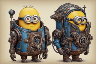 a drawing of minions, a detailed drawing, by featured on deviantart, academic art, full details anatomy poster, industrial design blueprint, restored colors, saint petersburg, steam-punk ,oil paint,v0ng44g,cyberpunk style