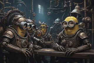 a drawing of minions, a detailed drawing, by featured on deviantart, academic art, full details anatomy poster, industrial design blueprint, restored colors, saint petersburg, steam-punk ,oil paint,v0ng44g,cyberpunk style