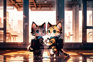 cute kittens with backpacks, standing next to each other, in the style of daz3d, isaac cordal, studyblr, soft, romantic scenes, rinpa school, doug hyde, warm tones,(facing_viewer),furry