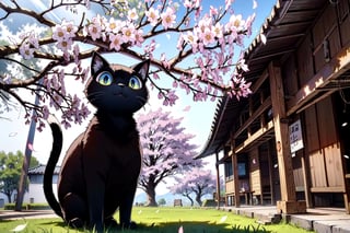 A complete, cute magical black cat and white cat,  faint pinkish-white light on its body.  stand on sakura tree, magical realism, classical style, clean color, fine and smooth hair , 8k, (sharp focus:1.2), super wide angle