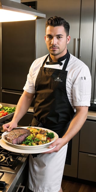 Chef, handsome man, kitchen, steak, rich side dishes, studio lighting, attractive colors, super clear, rich details,