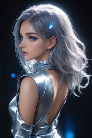 Side-view portrait of a stunning 28-year-old European woman, gazing directly at the viewer. Her silver-hued locks cascade down her back in a messy, undone style. She wears a sleek gray jumpsuit adorned with futuristic accents, its metallic sheen reflecting the dim night light. Her piercing blue eyes sparkle like crystals, shining bright beneath the cinematic lighting. The blurred background fades into darkness, leaving only the subject in sharp focus. Night mode and portrait mode blend seamlessly to create a captivating, otherworldly scene.