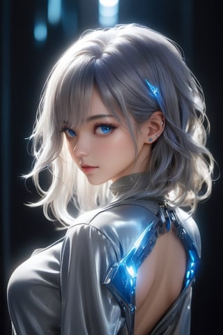 Side-view portrait of a stunning 28-year-old European woman, gazing directly at the viewer. Her silver-hued locks cascade down her back in a messy, undone style. She wears a sleek gray jumpsuit adorned with futuristic accents, its metallic sheen reflecting the dim night light. Her piercing blue eyes sparkle like crystals, shining bright beneath the cinematic lighting. The blurred background fades into darkness, leaving only the subject in sharp focus. Night mode and portrait mode blend seamlessly to create a captivating, otherworldly scene.