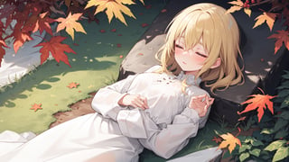 1girl, dress, autumn_leaves, closed_eyes, solo, white_dress, autumn, long_sleeves, on_back, lying, outdoors, parted_lips, closed_mouth, bangs, blush, eyebrows_visible_through_hair, blonde_hair, leaf, tree, sleeping