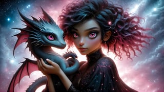 red cartoon character. Vampy is a (((13 years))) old and is a vampire girl. She has ((((short black hair, bob haircut)))), and red eyes. (pink skin), She is gothic, modern dark costume.

{{best quality}}, {{masterpiece}}, {{ultra detailed}}, {illustration}, {light detailed}, {an extremely delicate and beautiful}, Vampy holding a cute little dragon, a realistic little dragon, {beautiful detailed eyes}, stars in eyes, messy floating hair, colored inner hair, starry sky adorns hair, depth of field, detailed eyes, PetDragon2024xl, niji style, perfectly posed, meticulously composed.
​​All styles of artists Dan Mumford, Andy Kehoe and Luis Royo, featuring a double exposure effect on the texture of cracked paper, and vibrant colors