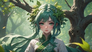 {(Closeup of the {{martial artist dryad}}, wearing a {dryad styled hanfu}, {ponytal leaf colored and themed hair}, training in the middle of the forest close to the tree of life:1.5)}, {(best quality impressionist masterpiece:1.5)}, (ultra detailed face, ultra detailed eyes, ultra detailed mouth, ultra detailed body, ultra detailed hands, detailed clothes), (immersive background + detailed scenery), {symmetrical intricate details + symmetrical sharpen details}, {(aesthetic details + beautiful details + harmonic details)}