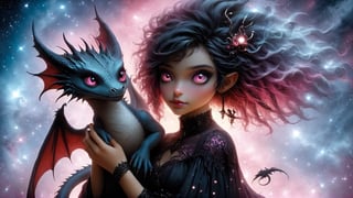 red cartoon character. Vampy is a (((13 years))) old and is a vampire girl. She has ((((short black hair, bob haircut)))), and red eyes. (pink skin), She is gothic, modern dark costume.

{{best quality}}, {{masterpiece}}, {{ultra detailed}}, {illustration}, {light detailed}, {an extremely delicate and beautiful}, Vampy holding a cute little dragon, a realistic little dragon, {beautiful detailed eyes}, stars in eyes, messy floating hair, colored inner hair, starry sky adorns hair, depth of field, detailed eyes, PetDragon2024xl, niji style, perfectly posed, meticulously composed.
​​All styles of artists Dan Mumford, Andy Kehoe and Luis Royo, featuring a double exposure effect on the texture of cracked paper, and vibrant colors