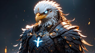 (((dark consept))), ((eagle head, pointed beak)), (masterpiece, best quality:1.5), EpicLogo, white glowing armor, robot, gold irradiated armor, luminous stoic face, look on viewer, eagle style, central view, hyper real, hues, Movie Still, cyberpunk, full body, cinematic scene, intricate mech details , ground level shot, 8K resolution, Cinema 4D, Behance HD, polished metal, shiny, data, ethereal fire emitting from armor, hair in dreadlock braids, cross on chest plate, glowing sword, skyfall background, muscular and broad shouldered