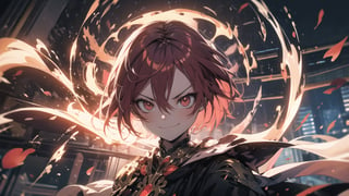 red eyes, red hair, High detailed , midjourney, perfecteyes, mage clothing, short hair, evil smirk