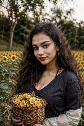 gorgeous indian woman, autumn, basket, blurry, blurry_background, blurry_foreground, coin, dandelion, depth_of_field, dress, earrings, explosion, field, flower, flower_field, food, gold, honey, jewelry, lemon, lipstick, makeup, male_focus, necklace, orange_\(fruit\), orange_flower, orange_slice, photo_\(medium\), realistic, smile, solo, sunflower, yellow_flower, yellow_rose