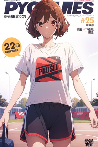 horimiya_hori,1girl ,brown eyes,
curly hairstyle,magazine cover,modeling pose, foreground, oversized sports t-shirt, sports shorts, dominant, pov_eye_contact, 