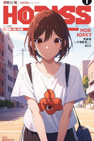 horimiya_hori,1girl ,brown eyes,
cheekbone bob hairstyle,magazine cover,modeling pose, foreground, oversized sports t-shirt, sports shorts, dominant, pov_eye_contact, 