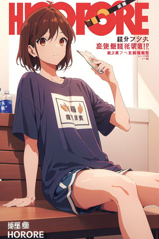 horimiya_hori,1girl ,brown eyes,
wavy medium haircut,magazine cover,modeling pose, foreground,vintage bar, sitting, oversized sports t-shirt, sports shorts, dominant