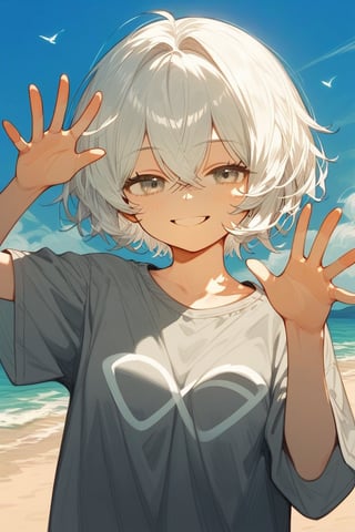 score_9_up,score_8_up, source_anime, 1girl,white hair,short hair,crossed bangs,grey shirt,,narrowed eyes,smile, waving